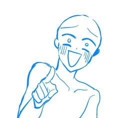 a blue line drawing of a man smiling and holding a toothbrush in his right hand