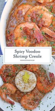 spicy voodoo shrimp crocke with rice and garnishes in a white bowl