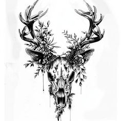 Professional Deer Skull Tattoo Files Horse Skull Tattoo Design, Deer Antler Spine Tattoo, Sunflower Antler Tattoo, Deer Skull With Flowers Tattoo, Painting Deer Skulls, Deer Skull Tattoo Design, Floral Skull Tattoos For Women, Buck Skull Tattoo, Western Forearm Tattoo Women