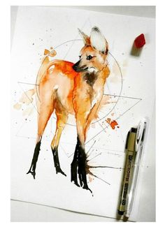 a watercolor painting of a fox on white paper