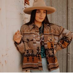 Brand New! Southwestern Flannel Jacket. Soft Cotton Poly Yarn Fabrication Button Down Front Boxy, Oversized Silhouette Distressed Hemline Warm + Well Made Pattern Varies Slightly With Each Jacket. Fit: S (4/6) 40” M (8/10) 46”’L (10-12) 49 “ Xl (12-14) Tags: Cowgirl Hippy Boho Tribal Dallas Houston Western Looks, Pendleton Jacket, Orange Jacket, Western Look, Simple Top, Flannel Jacket, Suede Coat, Faux Leather Moto Jacket, Vintage Blazer