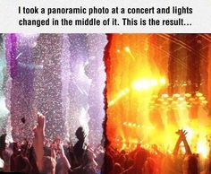 two pictures with people at a concert and the words i took a panoramic photo at a concert and lights changed in the middle of it