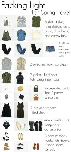 the packing light for spring travel is shown in this poster, which includes clothing and accessories