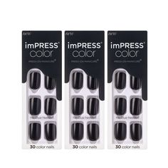 Say goodbye to nail polish with imPRESS Color Press-On Manicure. A polish-free mani in minutes, with our PureFit Technology that makes these fake nails super slim and super comfortable. Solid colors have no bling, no accents; they come in the most popular hues, in as many fashion-forward shades as nail polish. Style ‘All Black’ features short, square shaped, black solids in a glossy finish. Each fake nail kit in this convenient 3-pack includes 30 press-on nails, prep pad, mini file, and manicure Leopard Print Nails Tutorial, Nail Polish Style, Polish Style, Popular Nail Colors, Impress Nails, Chrome Nail Art, Manicure Colors, Black Acrylic Nails, Leopard Print Nails