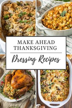 thanksgiving dinner with turkey and stuffing in casserole dishes