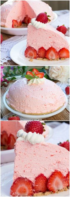 three different pictures of a cake with strawberries on top