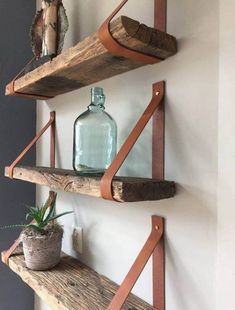 two wooden shelves with glass bottles and plants on them, one shelf is made out of wood