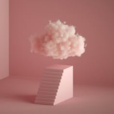 a cloud is floating over a set of steps in the middle of a pink room