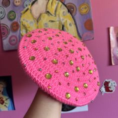 pink crochet beret with green and orange rhinestones. This beret will look amazing with the sun hitting it. fits head sizes around 21-24" Trendy Pink Flat Cap, Trendy Pink Crochet Cap Hat, Trendy Pink Crochet Cap, Trendy Pink Crochet Hat, Pink Crochet Beanie For Festivals, Pink Crochet Hat For Spring Festival, Pink Crochet Hat For Festival, Pink Crochet Festival Hat One Size, Pink Crochet Festival Hat