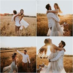 four different shots of a man and woman dancing in an open field with the sun behind them