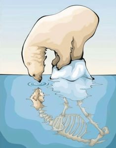 an image of a polar bear in the water with a skeleton on it's back