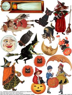 an image of halloween stickers with cats and pumpkins on them, as well as witches