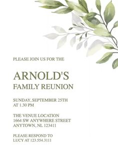 an image of a family reunion card with leaves on the front and back, in green