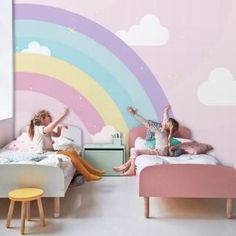 kids bedroom decor ideas Kids Room Decoration Ideas, Wallpaper For Kids Room, Rainbow Wall Mural, Kids Rooms Shared, Rainbow Bedroom, Wallpaper For Kids, Big Girl Bedrooms, Kids Room Paint