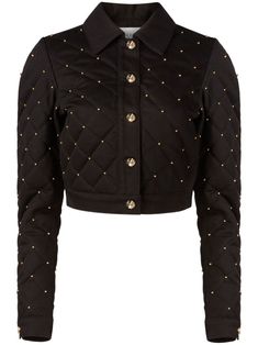 black/gold tones diamond-quilted detailing all-over mini studs straight-point collar button fastening long sleeves buttoned cuffs Denim Jacket And Skirt, Mini Studs, Yoko London, City Dress, Airport Fashion, Couture Runway, Black Denim Jacket, Summer Beach Wear, Luxury Brands