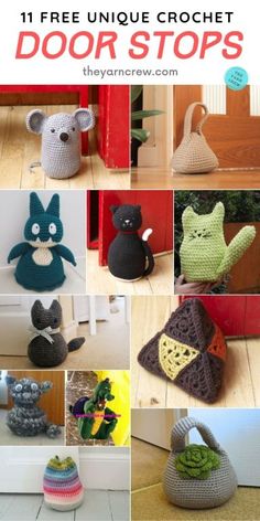 there are many crocheted items on the floor with text overlay that says 11 free unique crochet door stops