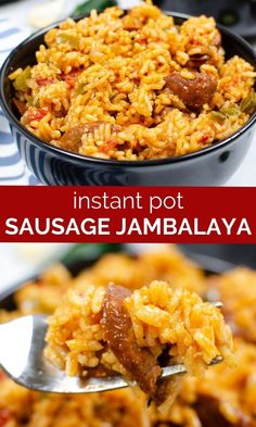 an image of sausage jambalya rice in a bowl with a spoon on the side