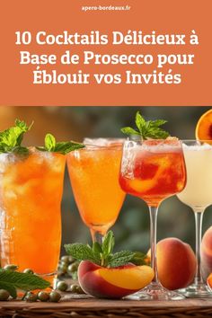 Différents cocktails à base de Prosecco illustrés avec des ingrédients frais comme des pêches, des raisins et des feuilles de menthe pour donner une touche italienne rafraîchissante. Cocktail Prosecco, Aperitif Cocktails, Cocktail Tequila, Cocktail Shots, Prosecco Cocktails, Tequila Sunrise, Tequila Cocktails, Christmas Cocktails, Mocktails