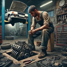 a man working on an engine in a garage