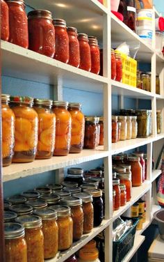 shelves filled with lots of different kinds of food in jars and jars on top of each other