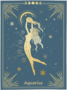 the aquarius tarot card is shown in gold on a blue background with stars