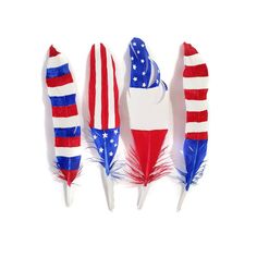 three red, white and blue feathers with the american flag on them are lined up in a row