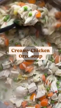 creamy chicken orzo soup with carrots, peas and celery in a pot