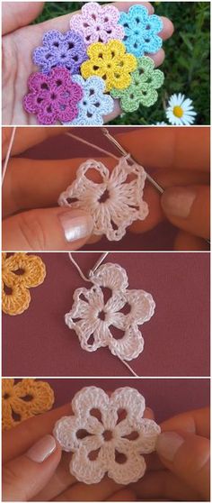 crocheted flowers are being displayed in three different pictures, one is white and the other is multicolored