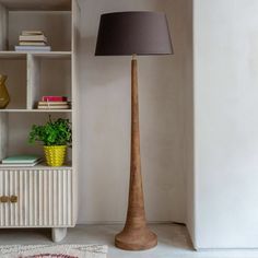 a lamp that is next to a book shelf with books on it and a rug