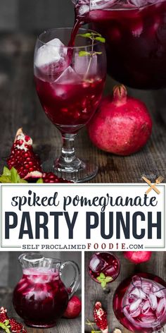 pomegranate party punch is served in glasses with ice and garnish