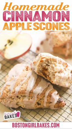 homemade cinnamon apple scones on a cooling rack with apples in the background and text overlay