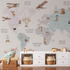 Peel and Stick World Map Wallpaper for Kids image 1 Large Nursery, World Map Wall Decal, Contemporary Nursery, Map Wall Decal, Kindergarten Wallpaper, Map Wall Mural, Wallpaper For Kids, Kids World Map, Maps For Kids