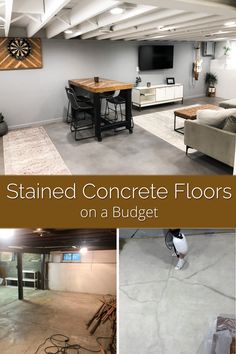 stained concrete basement floors Brown Concrete Stain, Interior Concrete Floors, Cheap Basement Remodel, Basement Floors, Concrete Basement, Stained Concrete Floors, Rangement Art, Brown Concrete