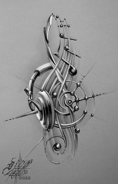 a pencil drawing of an abstract design with music notes and circles on the front side