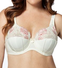 This multi-part cup, full coverage bra features gorgeous floral embroidery on the upper cups and back and fabulous full cup support via inner slings and side boning. This beautiful everyday bra with a youthful look lifts your spirits every time you wear it! Made of polyester and nylon. Multi-part, full coverage underwire cup shapes, lifts and rounds the bust with transversal and vertical seaming. Cups have an embroidered mesh panel at top with mesh lining for comfort, and pin-tucked opaque satin Feminine Full Cup Bra With Removable Cups, White Padded Full Cup Bra, Fitted Floral Embroidery Bra, Full Coverage Padded Bra For Wedding, Wedding Full Coverage Bra With Padded Cups, Wedding Full Coverage Padded Bra, Satin Embroidery, Satin Bra, Bra Models