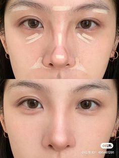 Makeup Ideas Under Eyes, Japanese Nose Contour, Foundation Tips How To Apply, Korean Nose Makeup, Nose Countering Tutorial, Triple Eyelid Makeup, Korean Makeup Contour, Concealer Placement Chart, Cute Makeup Looks Aesthetic Natural