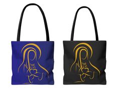 Show your signature style with this exclusive Virgin Mary Hail Mary Latin Prayer Polyester Tote Bag, adorned with a radiant gold design against a backdrop of either elegant navy blue or classic black. Perfect for daily errands, travels, or as a thoughtful gift for mom, this versatile tote seamlessly combines fashion with faith, making it an ideal choice for Catholics or anyone seeking a touch of divine reverence in their everyday activities. Available in 3 sizes to add both functionality and style, these custom-printed tote bags come with multiple handle colors to match your designs. Made with spun polyester, these bags feature double-stitched seams, cotton webbing straps, and nonwoven laminate lining for high-end durability. Your all-over print is created with dye sublimation for high-end Gold Tote Shoulder Bag As A Gift, Gold Tote Gift Bag, Yellow Bags With Removable Pouch As Gift, Yellow Bags With Removable Pouch For Gifts, Yellow Bag With Removable Pouch As A Gift, Yellow Bag With Removable Pouch For Personal Use, Gold Rectangular Bags As Gifts, Gold Rectangular Bags For Gifts, Gold Rectangular Bag As Gift