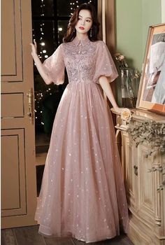 Collared Prom Dress, Pink Short-sleeved Evening Dress For Wedding, Pink Short Sleeve Evening Dress For Prom Season, Pink Short Sleeve Evening Dress For Prom, Pink Short Sleeve Evening Dress For Wedding, Pink Short Sleeve Evening Dress For Banquet, Pink Party Dress With Doll Collar, Elegant Pink Doll Collar Dress, Elegant Pink Collared Dress