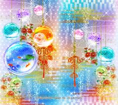 an image of christmas balls and ornaments on a blue, pink, yellow and white background