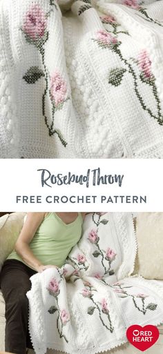 a woman is sitting on a couch with a crocheted blanket and the text, rosebud throw free crochet pattern