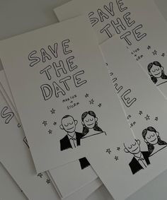 five save the date cards with pictures of people and stars in black ink on white paper