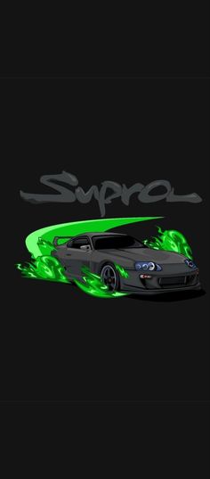 a car with green flames on it and the word suprol in black background