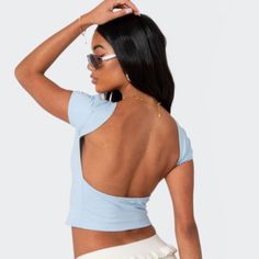 Color - Light Blue Size - Xs New With Tag Cotton, Spandex Open-Back Blue Stretch Crop Top T-shirt, Light Blue Stretch Crop Top With Short Sleeves, Barcelona T Shirt, Rocker Glam, Cropped Crewneck, Womens Crewneck, Black Crop, Crop Tshirt, Infant Tees