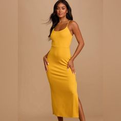 Patio Perfect Mustard Yellow Back Cutout Maxi Dress L Nwt! Mastard Yellow Dress, Yellow Dress Casual, Yellow Dress Outfit, Yellow Wedding Dress, Lace Babydoll Dress, Yellow Maxi Dress, Yellow Maxi, Lulus Dresses, Knit Maxi Dress