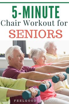 an older man and woman doing exercises on exercise bikes with text overlay that reads 5 - minute chair workout for seniors