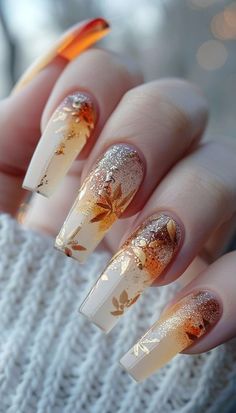 Nail Fall Designs 2024, Glitter Autumn Nails, Glittery Gold Nails, Autumn Nails Glitter, Ombre Fall Nail Designs, Fancy Fall Nails, October Nail Designs Fall, 2024 Fall Nail Trends, Fall Ombre Nails