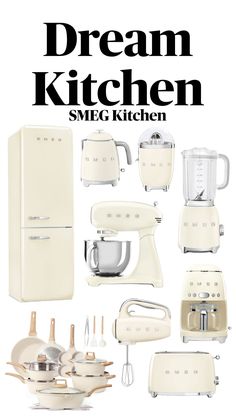 an advertisement for the smeg kitchen is shown in black, white and beige colors