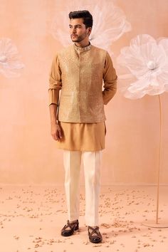 Brown nehru jacket featuring hand embroidery in geometric pattern with sequin detailing. Paired with a textured kurta and a white pant. - Aza Fashions White Pant, Kurta Set For Men, Wedding Colour, Nehru Jacket, Nehru Jackets, Band Collar, Kurta Set, Pants Pattern, White Pants