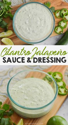 two pictures showing how to make guacamole sauce and dressing with limes on the side