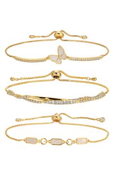 Stack on the sparkle with this set of assorted slider bracelets showcasing shimmering cubic zirconia and a gleaming goldtone finish. Set of 3 bracelets 3"–6" adjustable inner circumference Adjustable slide closure Goldtone plate/cubic zirconia/plastic Imported Slider Bracelets, Bracelet Inspiration, Keep Jewelry, Womens Jewelry Bracelets, Chain Bracelet, Sliders, Eye Candy, Nordstrom Rack, Cubic Zirconia